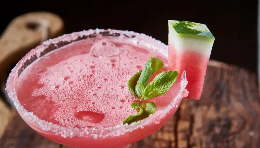 Erfrischender weihnachtscocktail mit sekt, garniert mit Wassermelone und Minze, auf rustikalem Holz.