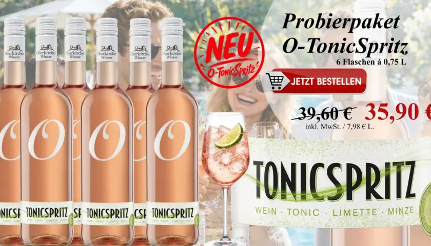 Sechs Flaschen O-Tonic Spritz von Oberkircher Winzer, ein erfrischender Genuss, der beweist, dass Deutschland auch den besten Rotwein und mehr kann. Jetzt bestellen!