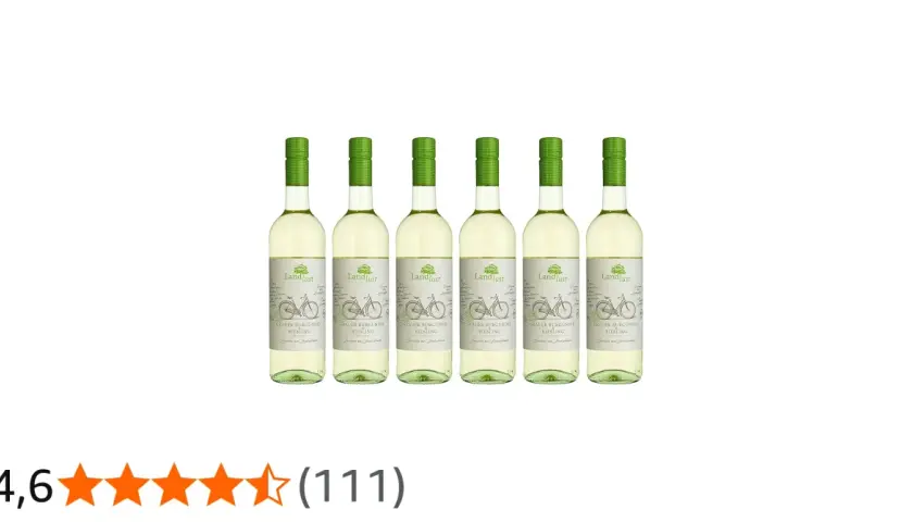 Sechs Flaschen "Landlust" Grauer Burgunder Riesling, trocken, mit Fahrradmotiv auf dem Etikett.