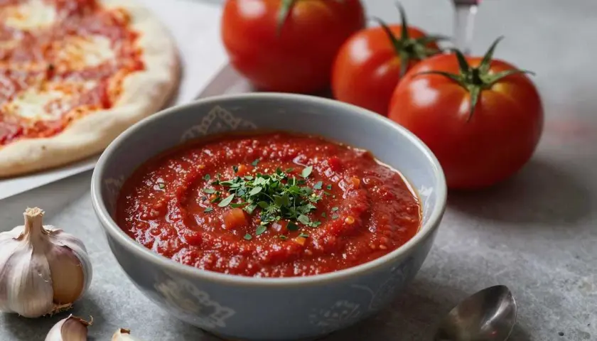 Eine Schüssel mit aromatischer Tomatensauce mit Rotwein, garniert mit Kräutern, daneben frische Tomaten, Knoblauch und eine Pizza.