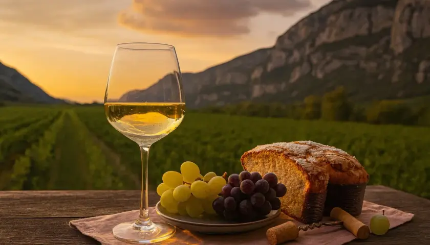 Ein Glas Weißwein, Trauben und Brot vor einer Weinrebe bei Sonnenuntergang. Ein Genuss wie ein guter Grauburgunder italienisch.