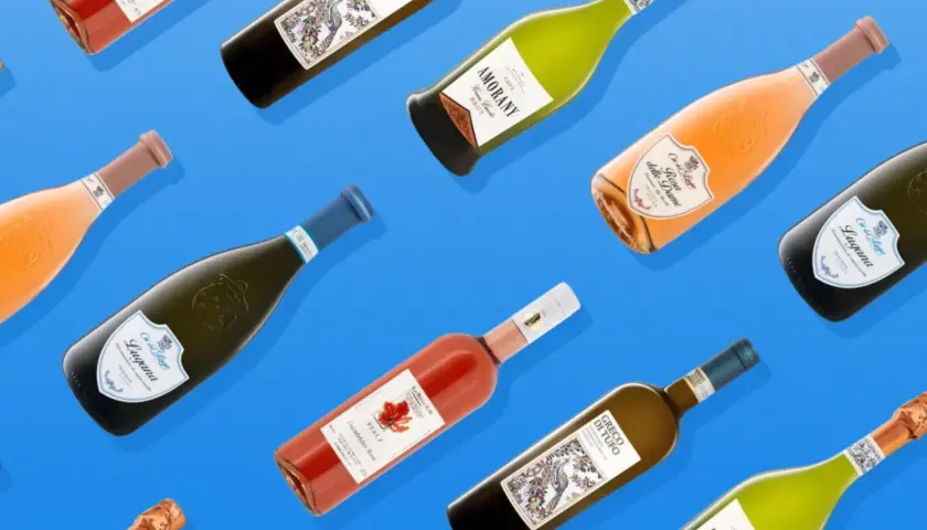 Eine Auswahl an Flaschen, die die 10 besten italienischen Weine repräsentieren könnten: Rosé, Weißwein und Schaumwein.
