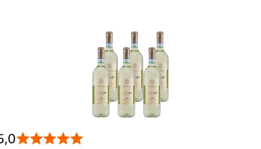 Sechs Flaschen Valmarone Soave, ein exzellenter italienischer Weißwein, bereit für den Genuss.