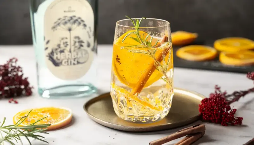 Erfrischendes rezept mit gin: Glas gefüllt mit Gin-Tonic, garniert mit Orangenscheiben, Rosmarin und Zimtstange. Daneben eine Flasche "Herbal Gin".