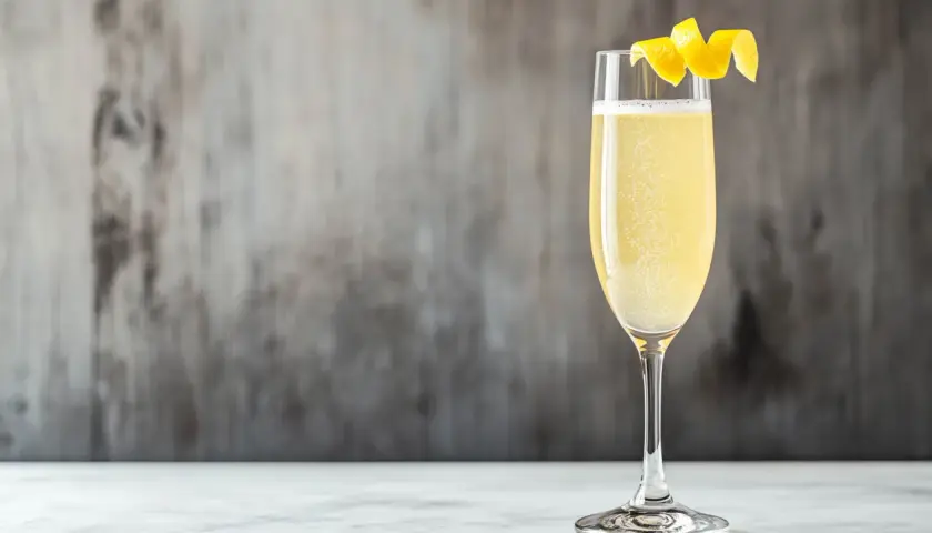 Ein spritziger French 75 Cocktail, dessen Geschichte bis ins frühe 20. Jahrhundert zurückreicht, garniert mit einer Zitronenzeste.