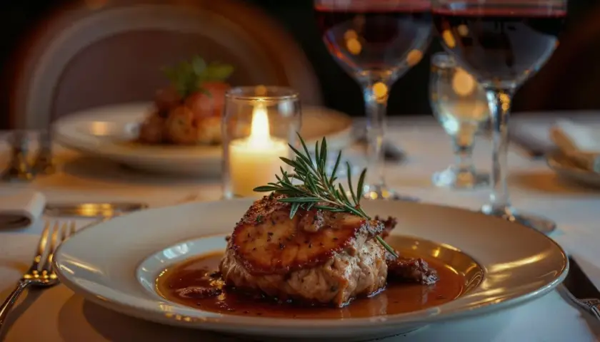 Ein festliches Abendessen mit einem zarten Stück Fleisch, garniert mit Rosmarin, und zwei Gläsern Rotwein. Perfekt, um sich zu fragen, welcher Rotwein zum Wild kochen passt.