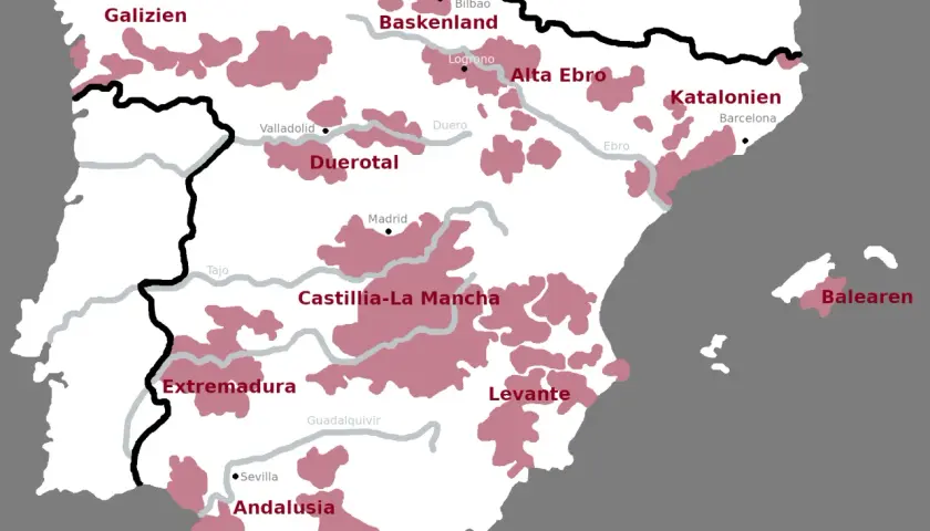 Karte Spaniens mit Weinanbaugebieten. Von Galizien bis Andalusien, jede Region bietet eine einzigartige spanische weinsorte.