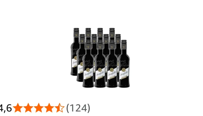 Zehn Flaschen Rotwein Dornfelder trocken, Rotwild, mit Sternenbewertung 4,6.
