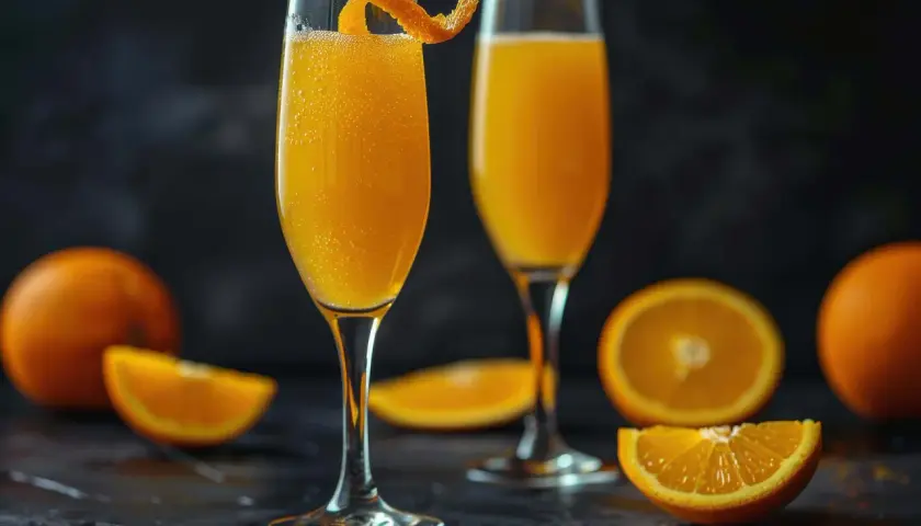 Zwei Gläser mit einem spritzigen **champagne drink**, garniert mit Orangenschale, umgeben von frischen Orangen.