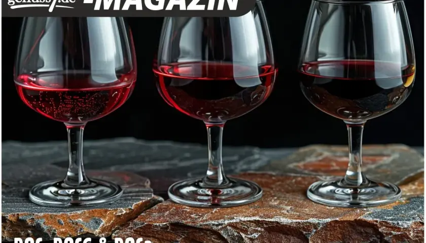 Drei Gläser Rotwein stehen auf Steinplatten. Die d.o.c. Bedeutung von Wein wird hier thematisiert.