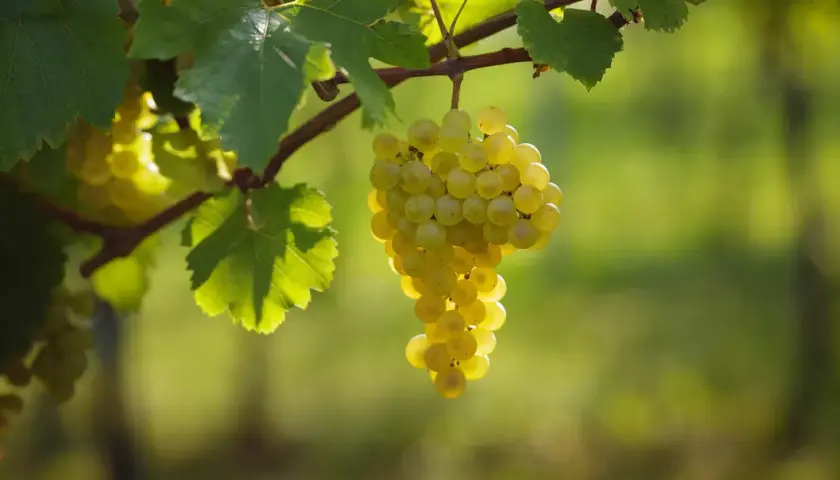 Reife Morillon Trauben hängen an einem sonnenbeschienenen Rebstock.