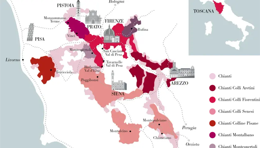 Karte der Chianti-Weinregion in der Toskana, Italien. Verschiedene Farbtöne zeigen die Gebiete der Chianti-Rebsorte.