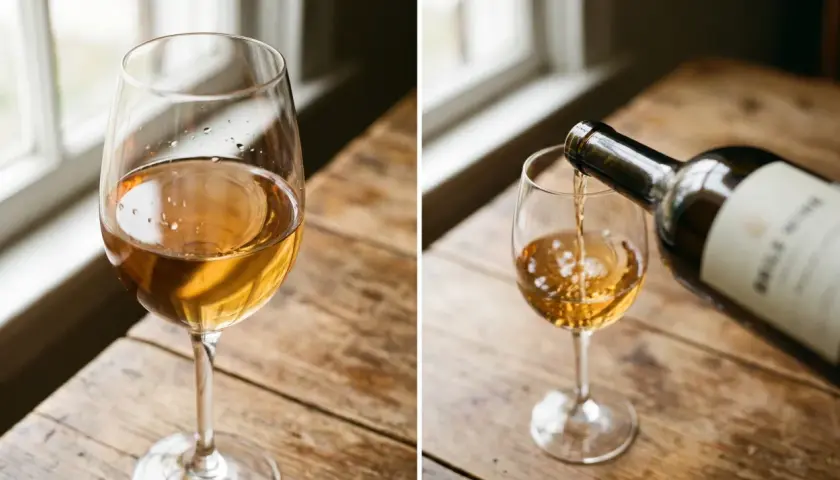 Ein Glas Wein mit Tropfen am Rand, daneben wird Wein aus einer Flasche in ein Glas gegossen. Der Wein hat eine goldene Farbe, die an den Geruch von **sulfid im Wein** erinnern könnte.