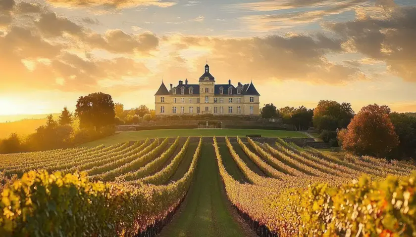 Malerische bordeaux landschaft mit einem Schloss und Weinbergen im goldenen Abendlicht.