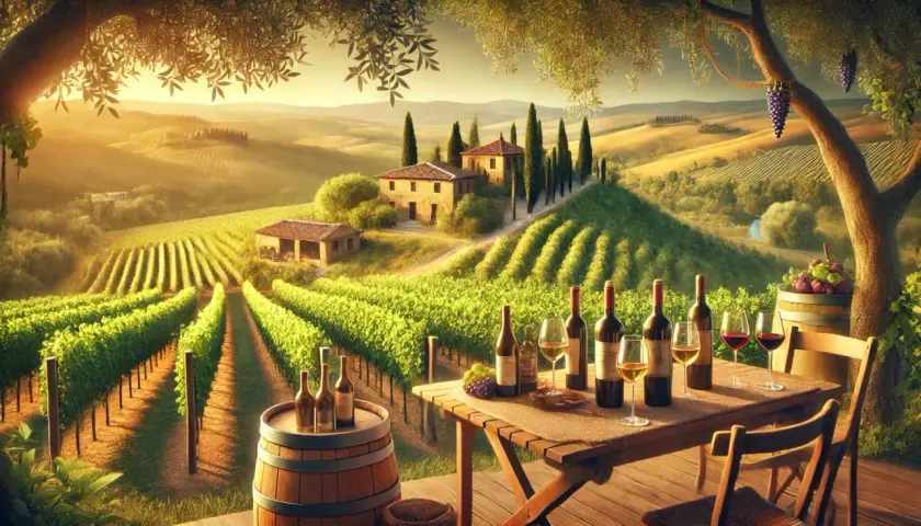 Toscana-Landschaft mit Weinbergen, Häusern und einem Tisch voller Wein. Der **Chianti Geschmack** liegt in der Luft.