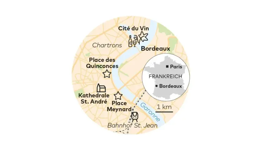 Karte von Frankreich mit Bordeaux als Zentrum. Zeigt Sehenswürdigkeiten wie Cité du Vin, Kathedrale St. André und Bahnhof St. Jean.