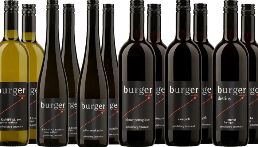 Eine Reihe von Flaschen mit portugieser wein und anderen Weinsorten des Weinguts Burger aus Gobelsburg, Österreich.