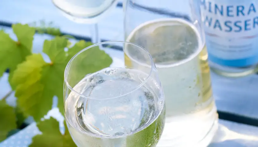 Erfrischende Weinschorle-Mischung im Glas, daneben eine Flasche Mineralwasser und grüne Weinblätter.
