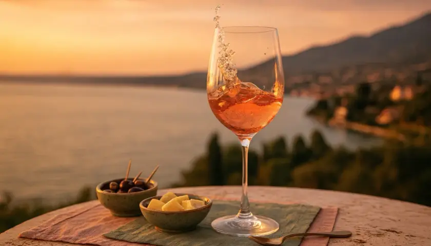 Ein Glas Roséwein sprudelt bei Sonnenuntergang in Molise, Italien. Dazu Oliven und Käse auf einem Tisch mit Blick auf den See.