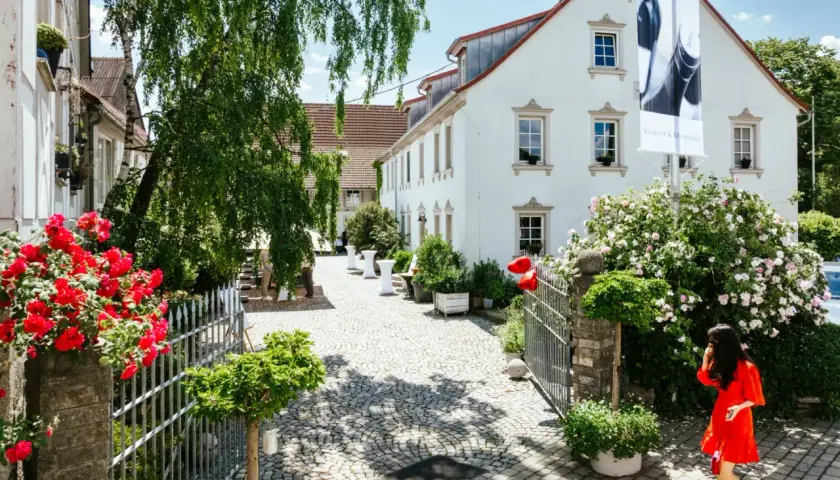 Ein sonniger Tag am Weingut Christian Stahl. Rote Rosen blühen vor dem Tor, eine Frau im roten Kleid betritt das Anwesen.