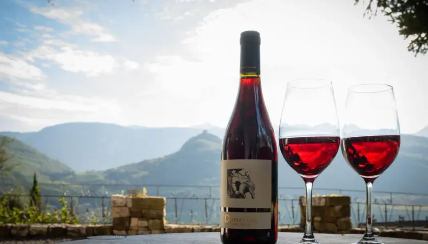 Flasche Rotwein und zwei Gläser auf einem Tisch vor malerischer Bergkulisse. Das Etikett zeigt "Dominikus Weingut".