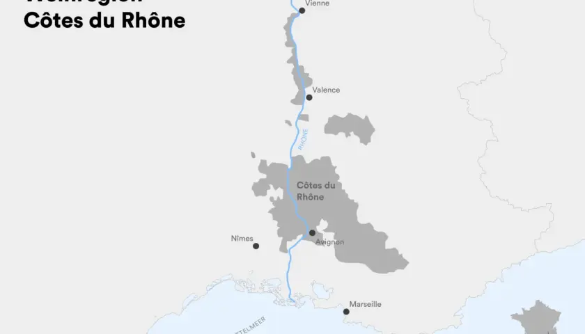 Karte der Weinregion Côtes du Rhône entlang des Flusses. Hier wächst auch der berühmte Hermitage Wein.