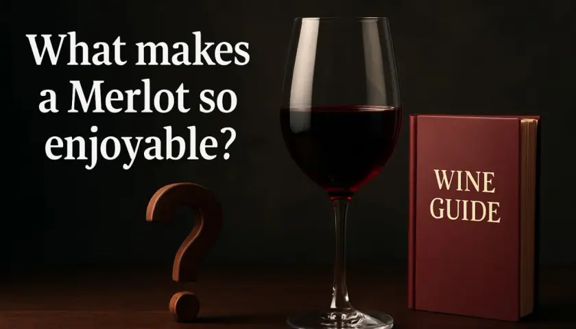 Ein Glas tiefroter Merlot-Wein steht neben einem Wein-Ratgeber und einem Fragezeichen. Was macht diesen Wein so besonders?