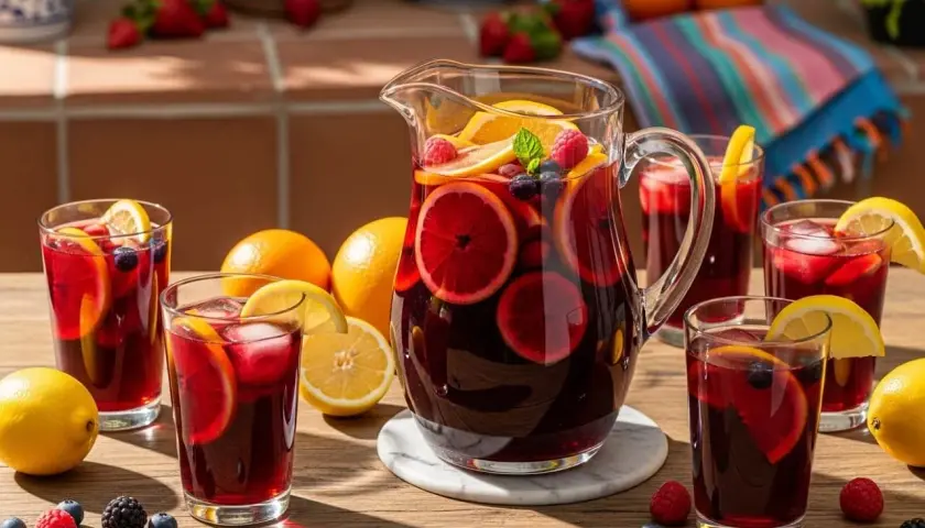 Erfrischendes Sangria Rezept mit Orangen, Beeren und Zitronenspalten. Perfekt für heiße Tage!