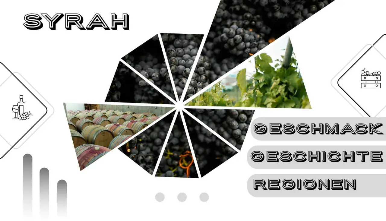 SYRAH: dunkle Trauben, Weinreben, Fässer und die Worte "Geschmack", "Geschichte", "Regionen". Ein Fest für den rotwein syrah.