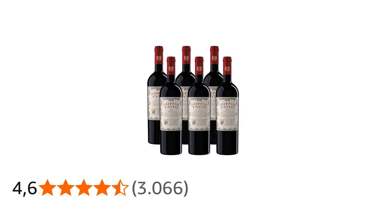 Sechs Flaschen Doppio Passo Primitivo Wein, bereit für einen genussvollen Abend.