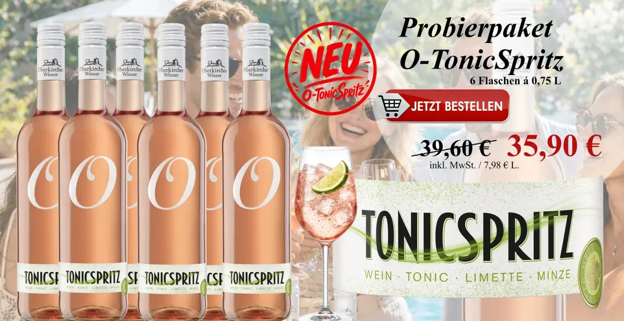 Sechs Flaschen O-Tonic Spritz von Oberkircher Winzer, ein erfrischender Genuss, der beweist, dass Deutschland auch den besten Rotwein und mehr kann. Jetzt bestellen!