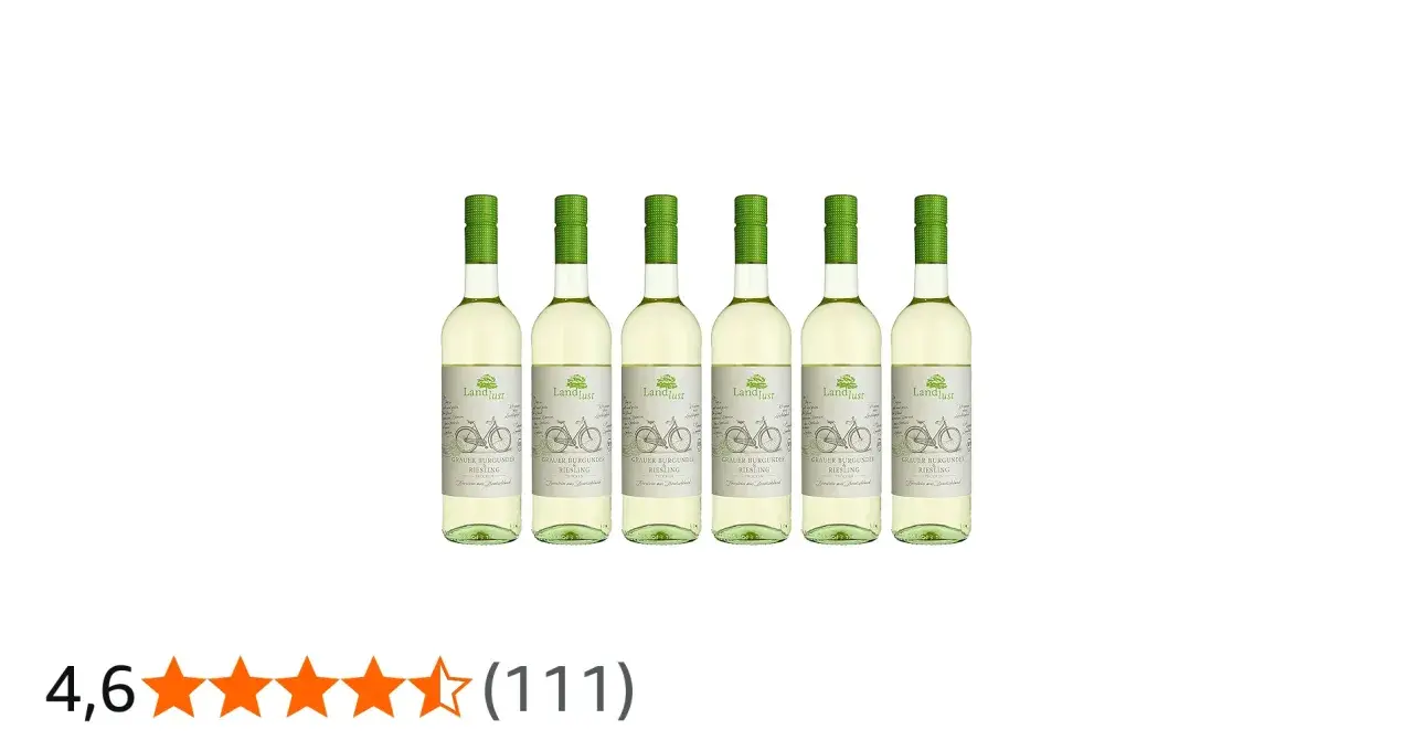 Sechs Flaschen "Landlust" Grauer Burgunder Riesling, trocken, mit Fahrradmotiv auf dem Etikett.