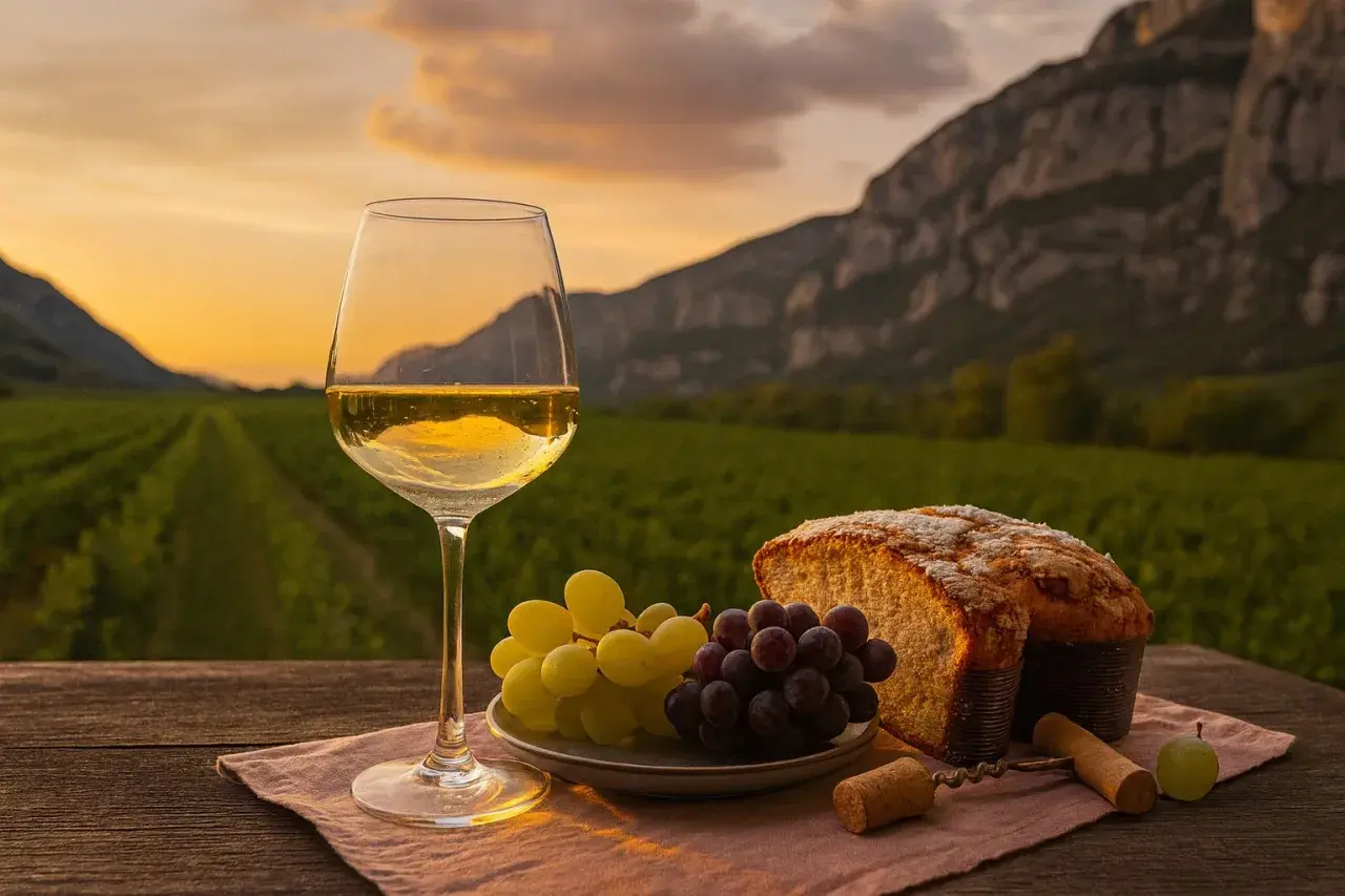 Ein Glas Weißwein, Trauben und Brot vor einer Weinrebe bei Sonnenuntergang. Ein Genuss wie ein guter Grauburgunder italienisch.