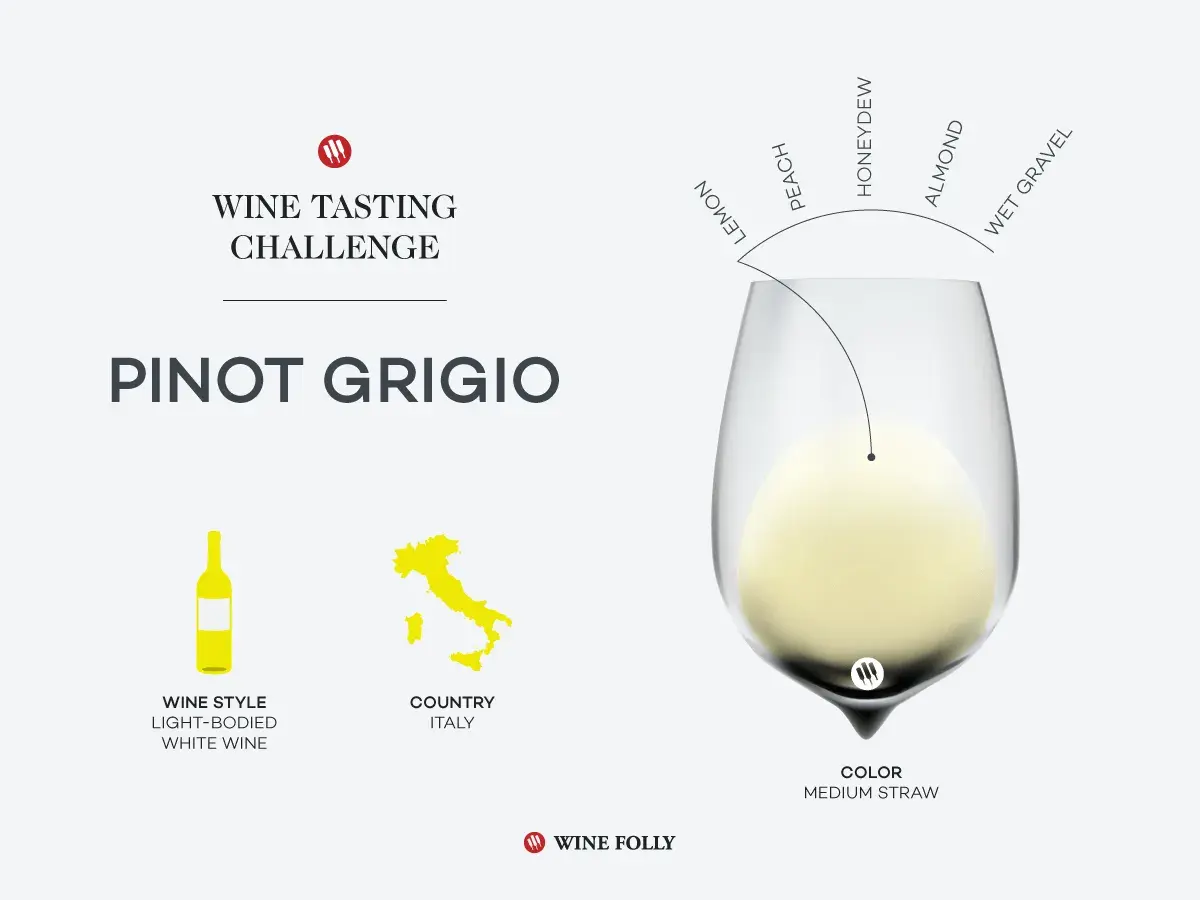 Pinot Grigio, ein trockener Weißwein aus Italien, mit Aromen von Zitrone, Pfirsich, Honigtau, Mandel und nassem Kies.