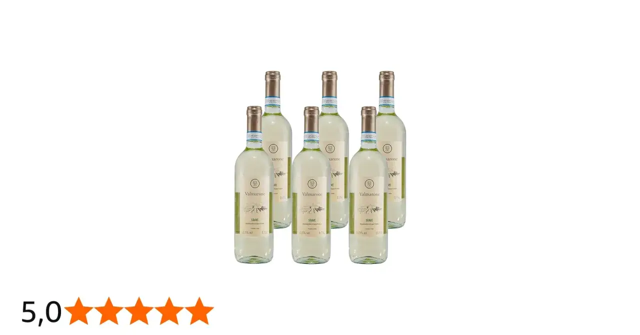 Sechs Flaschen Valmarone Soave, ein exzellenter italienischer Weißwein, bereit für den Genuss.