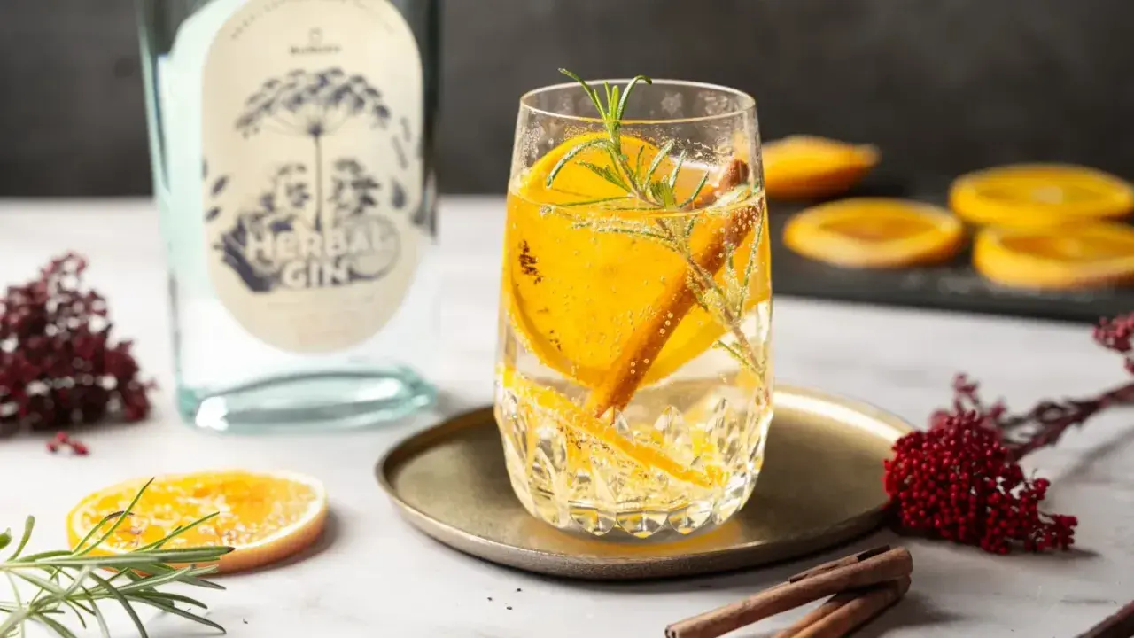 Erfrischendes rezept mit gin: Glas gefüllt mit Gin-Tonic, garniert mit Orangenscheiben, Rosmarin und Zimtstange. Daneben eine Flasche "Herbal Gin".