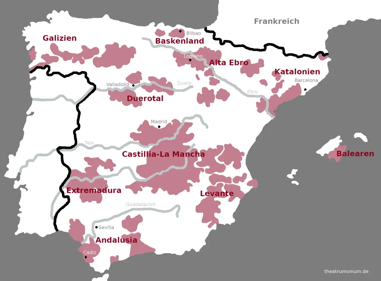 Karte Spaniens mit Weinanbaugebieten. Von Galizien bis Andalusien, jede Region bietet eine einzigartige spanische weinsorte.