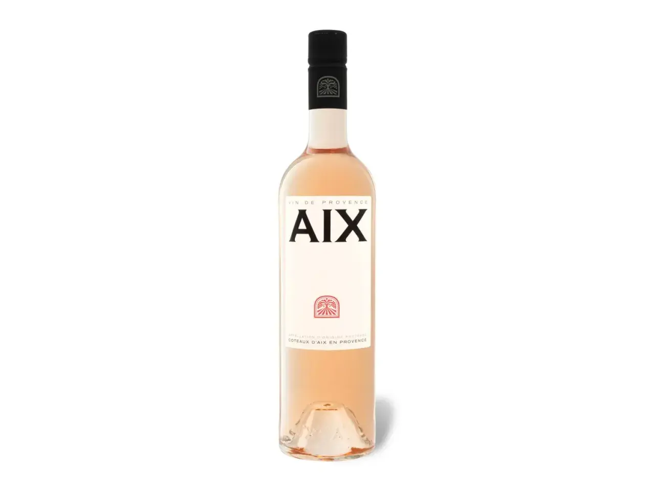 Flasche Roséwein von Maison Saint Aix, Vin de Provence, mit dem Etikett "AIX" und dem Siegel "Coteaux d'Aix en Provence".