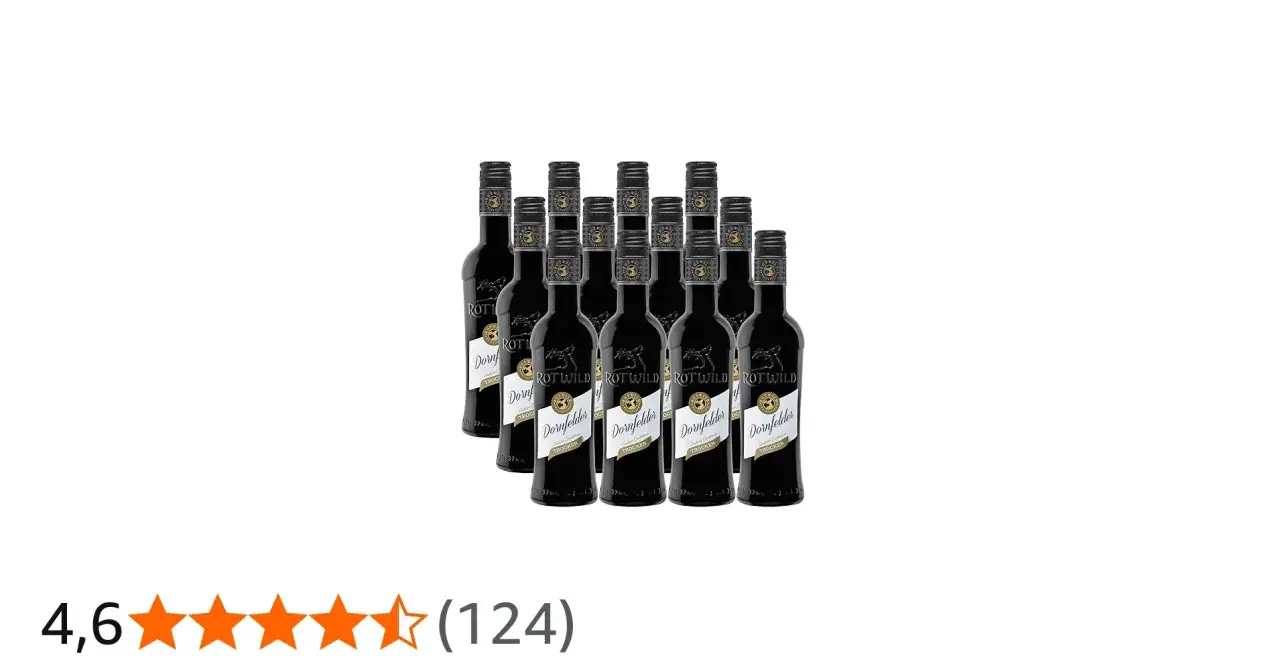 Zehn Flaschen Rotwein Dornfelder trocken, Rotwild, mit Sternenbewertung 4,6.