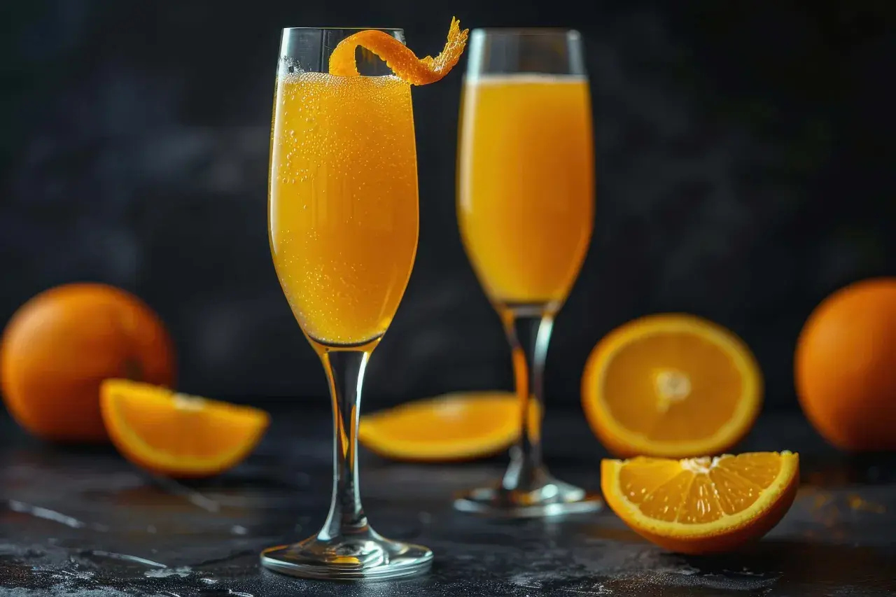 Zwei Gläser mit einem spritzigen **champagne drink**, garniert mit Orangenschale, umgeben von frischen Orangen.
