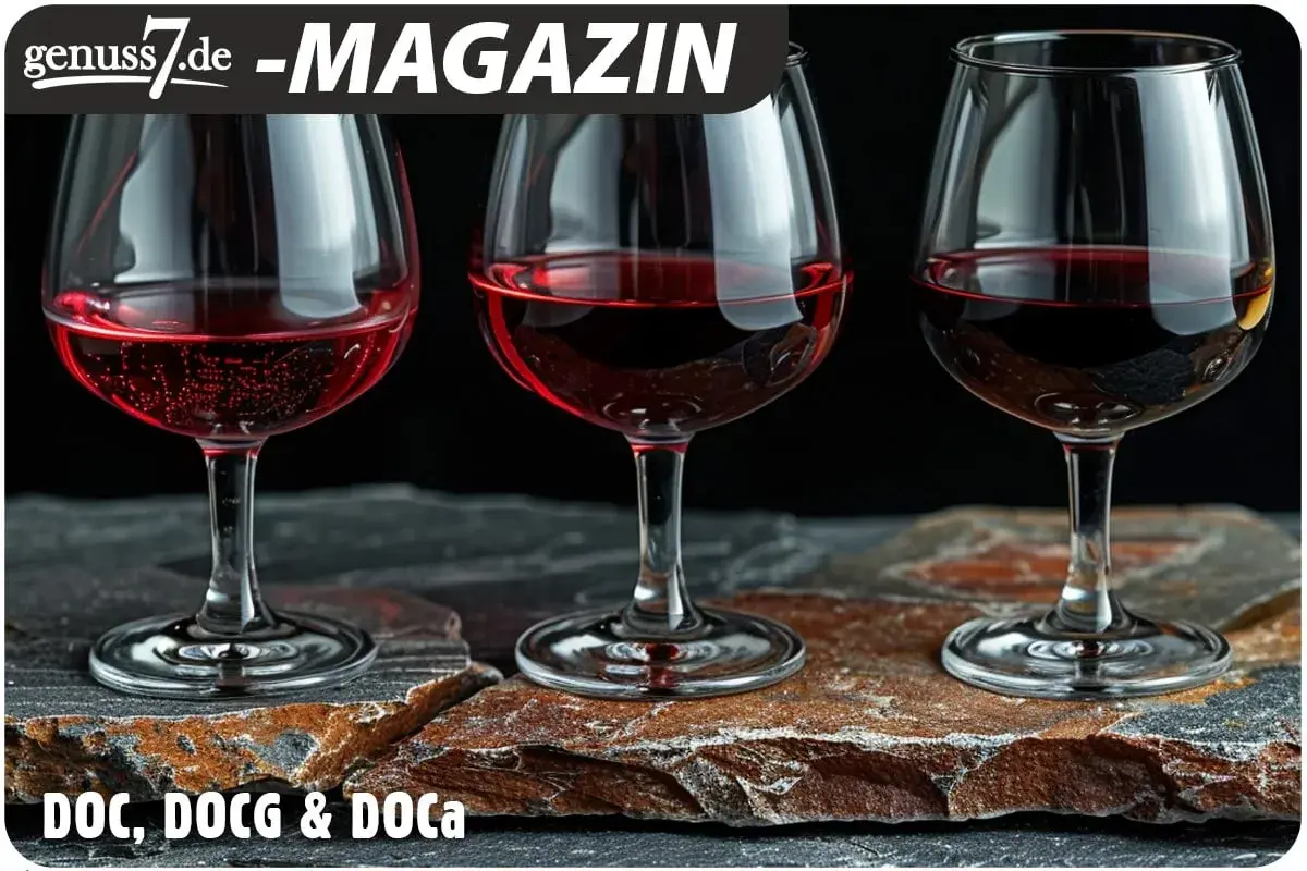Drei Gläser Rotwein stehen auf Steinplatten. Die d.o.c. Bedeutung von Wein wird hier thematisiert.