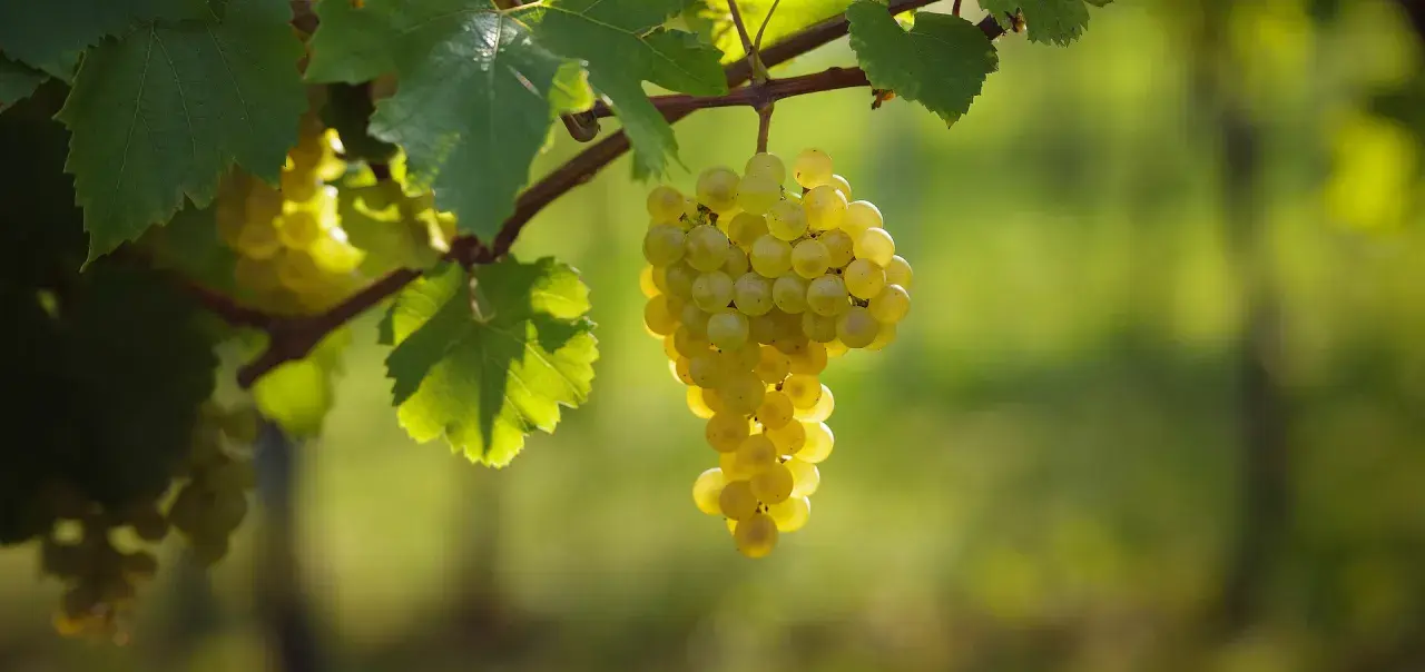 Reife Morillon Trauben hängen an einem sonnenbeschienenen Rebstock.