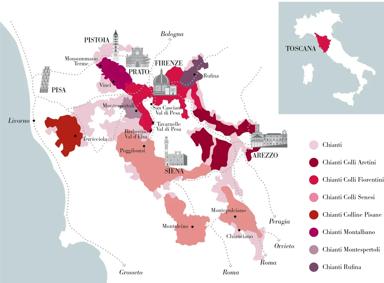 Karte der Chianti-Weinregion in der Toskana, Italien. Verschiedene Farbtöne zeigen die Gebiete der Chianti-Rebsorte.