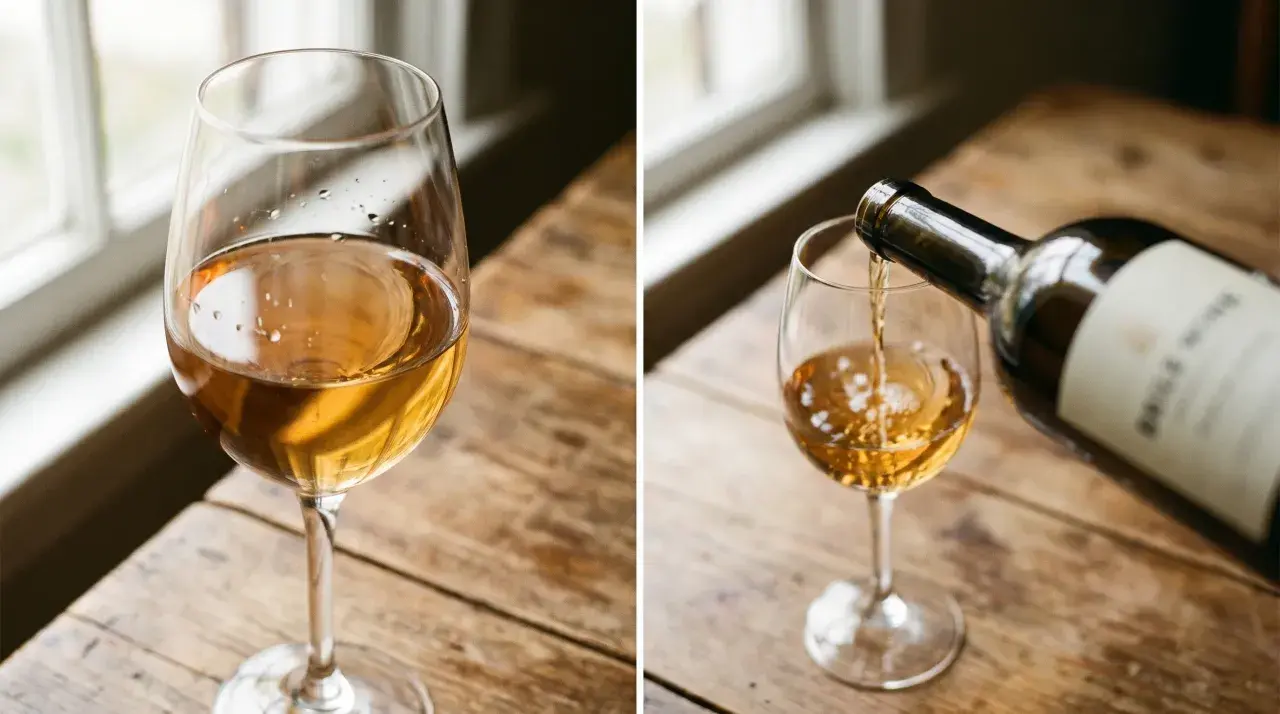 Ein Glas Wein mit Tropfen am Rand, daneben wird Wein aus einer Flasche in ein Glas gegossen. Der Wein hat eine goldene Farbe, die an den Geruch von **sulfid im Wein** erinnern könnte.