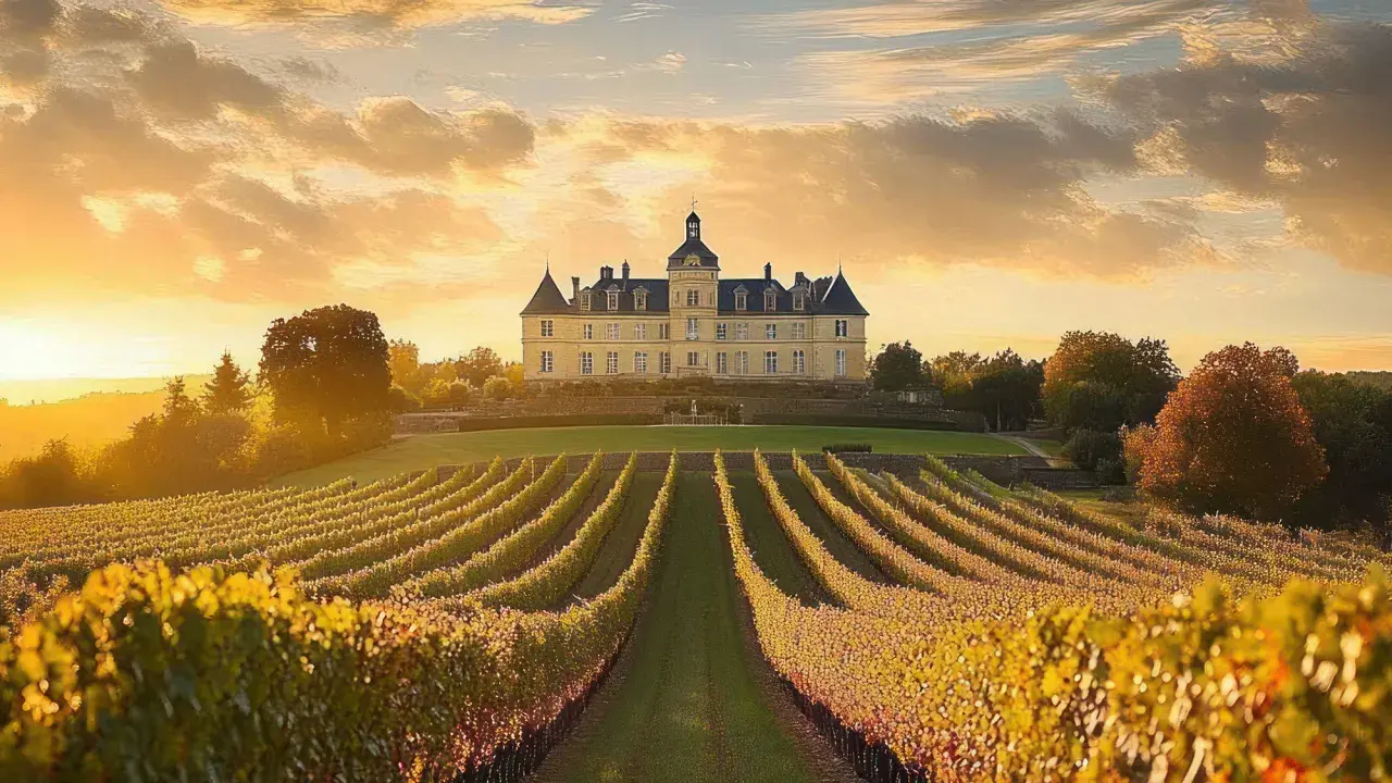 Malerische bordeaux landschaft mit einem Schloss und Weinbergen im goldenen Abendlicht.