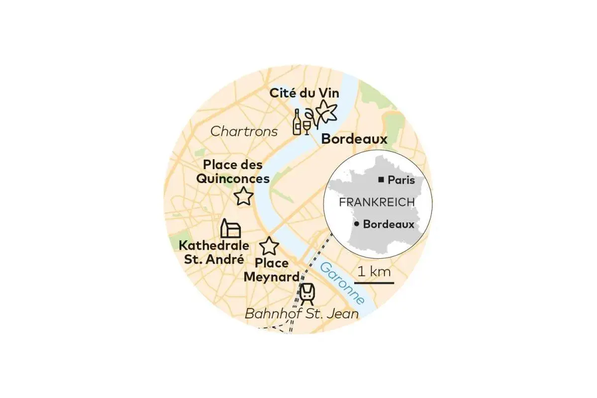 Karte von Frankreich mit Bordeaux als Zentrum. Zeigt Sehenswürdigkeiten wie Cité du Vin, Kathedrale St. André und Bahnhof St. Jean.