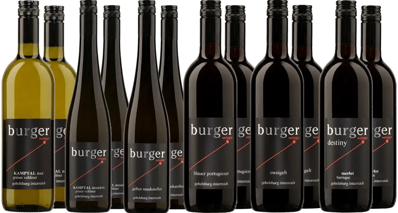 Eine Reihe von Flaschen mit portugieser wein und anderen Weinsorten des Weinguts Burger aus Gobelsburg, Österreich.