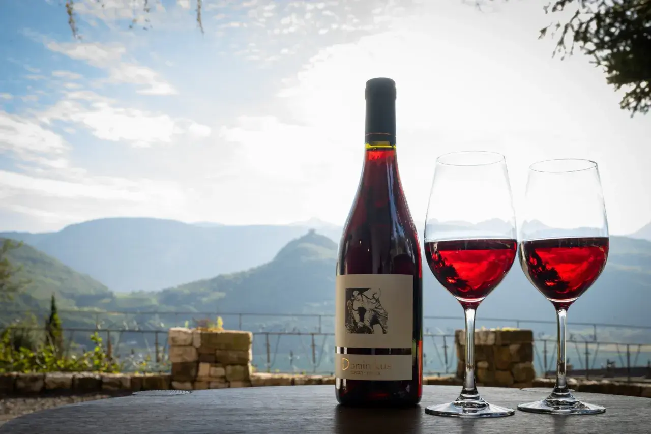 Flasche Rotwein und zwei Gläser auf einem Tisch vor malerischer Bergkulisse. Das Etikett zeigt "Dominikus Weingut".