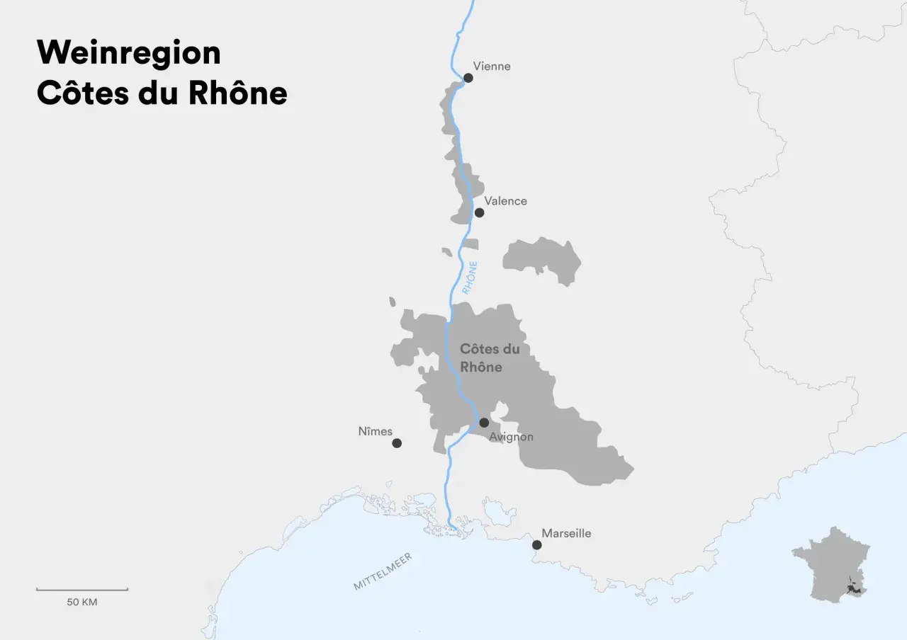 Karte der Weinregion Côtes du Rhône entlang des Flusses. Hier wächst auch der berühmte Hermitage Wein.