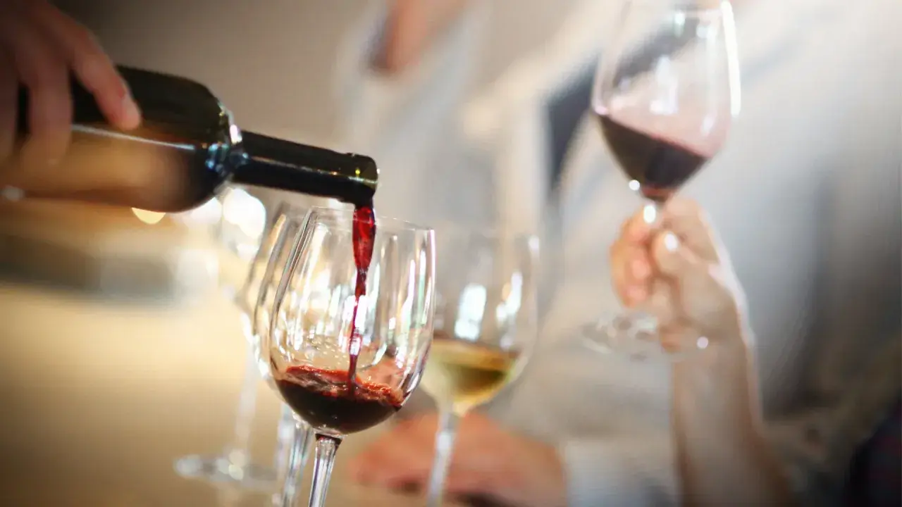 Rotwein wird in ein Glas gegossen, während ein Weinkenner mit einem Fachbegriff die Aromen beschreibt.